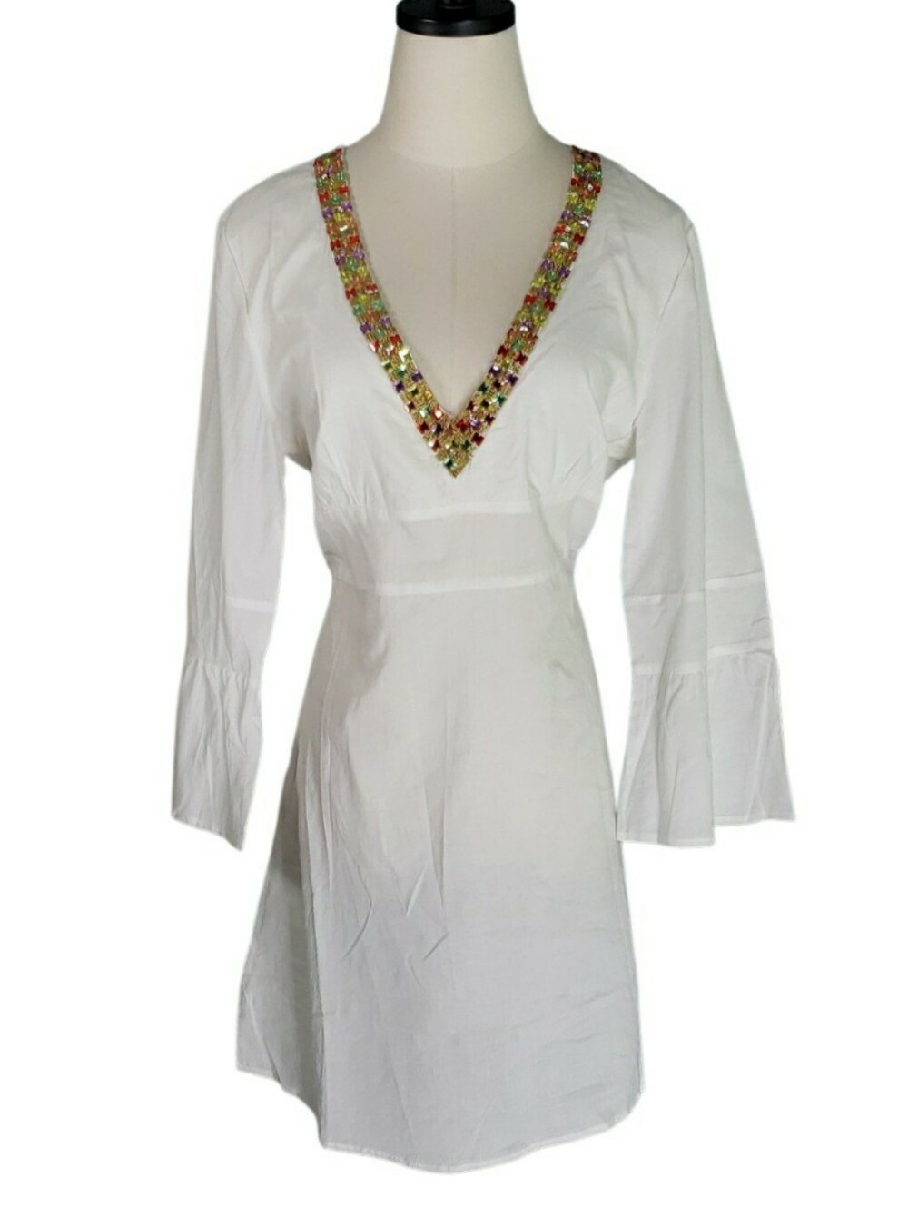 Newport News White Tissue Cotton V-Neck Embellished Tunic Dress Top M NWT Boho